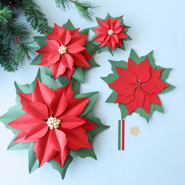 Red paper poinsettias in three sizes with cutout layers of SVG..